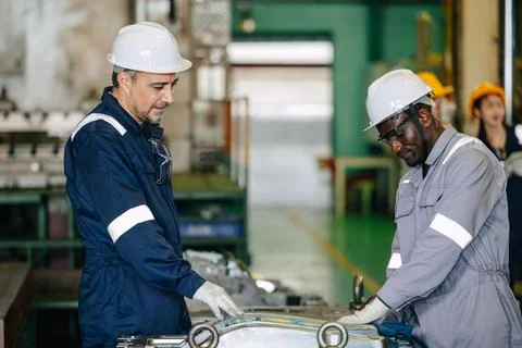 Professional lead engineer worker training young man to service injection m.. Stock Photos