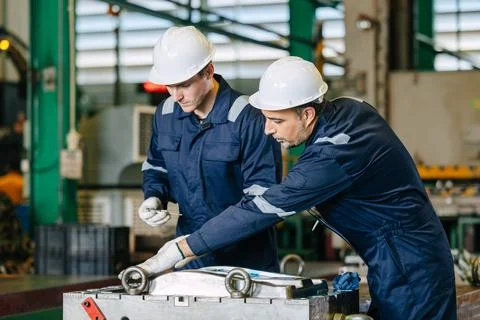 Professional lead engineer worker training young man to service injection m.. Stock Photos