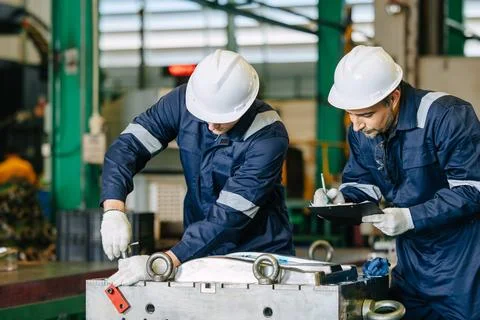 Professional lead engineer worker training young man to service injection m.. Stock Photos