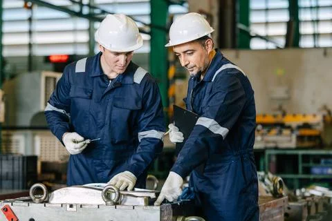 Professional lead engineer worker training young man to service injection m.. Stock Photos