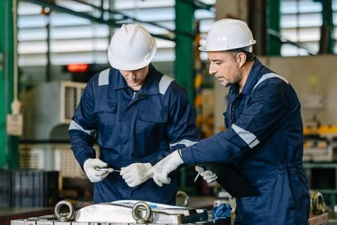 Professional lead engineer worker training young man to service injection m.. Stock Photos