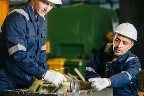 Professional lead engineer worker training young man to service injection m.. 写真素材