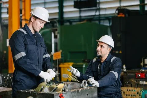 Professional lead engineer worker training young man to service injection m.. Stock Photos