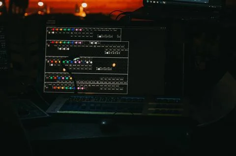 Professional lighting control console and software interface. Foto stock