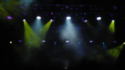 Professional lighting devices, lighting equipment on the stage. Wide view shot Stock Footage 280374329