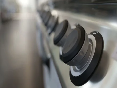 Professional line stove knobs in kitchen storehouse 스톡 동영상 79975584