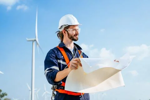 Professional maintenance engineer working at wind turbine farm Stock Photos