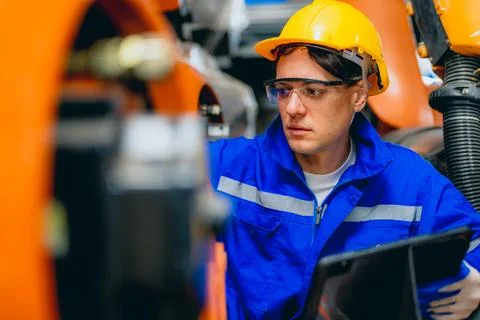 Professional maintenance worker with machine robotic arms at industrial factory 스톡 사진