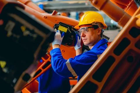 Professional maintenance worker with machine robotic arms at industrial factory Stock Photos