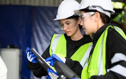 Professional maintenance worker with machine robotic arms at industrial factory Stock Photos