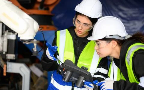 Professional maintenance worker with machine robotic arms at industrial factory Stock Photos