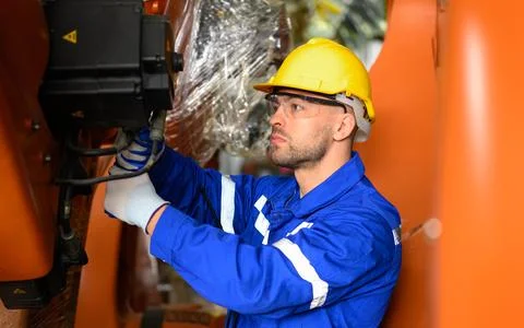 Professional maintenance worker with machine robotic arms at industrial factory Stock Photos