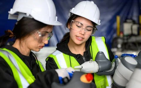 Professional maintenance worker with machine robotic arms at industrial factory Stock Photos