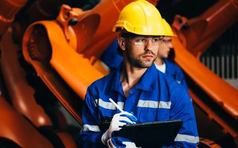 Professional maintenance worker with machine robotic arms at industrial factory Stock Photos