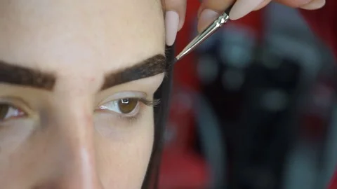 Professional make-up artist drawing eyebrows of client with henna Stock Footage 78510233