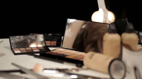 Professional Make-Up Powders And Blushers Assorted On Beauty Table Stock Footage 46010897