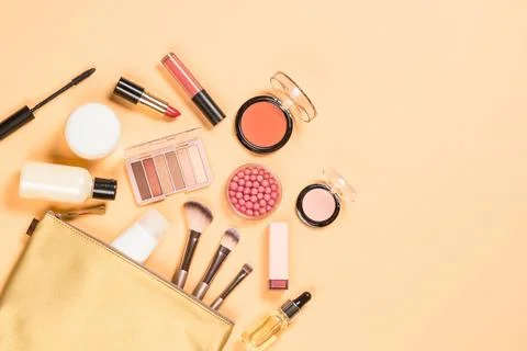 Professional make up products flat lay. Stock Photos