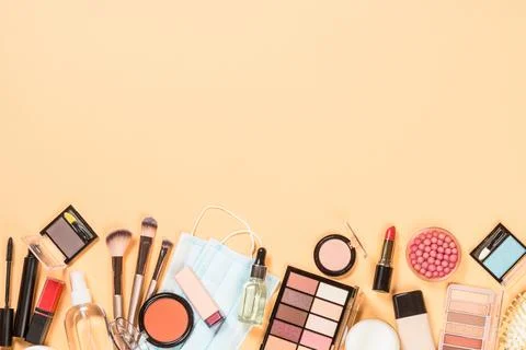 Professional make up products flat lay. Stock Photos