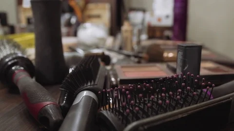 Professional make-up tools. A set of brushes, lipsticks, shadows, carcass. Stock Footage 81045875