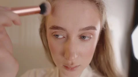Professional makeup artist applying makeup, applying foundation with a brush, Stock Footage 328989335