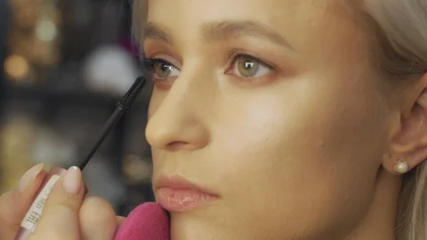 Professional makeup artist making eye-makeup for young model Stockbeeldmateriaal 101024897