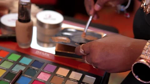 Professional Makeup Artist Using Cosmetic Palette and Brush During Beauty T.. Видео 342322332