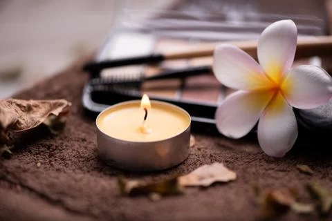 Professional makeup brushes and tools, natural make-up products set on a  tab Stock Photos