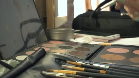 Professional makeup brushes in a leather bag. Using a make up palette with brush 動画素材 77681194