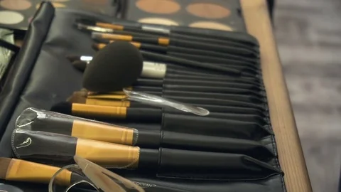 Professional makeup brushes in a leather bag Video stock 79050846