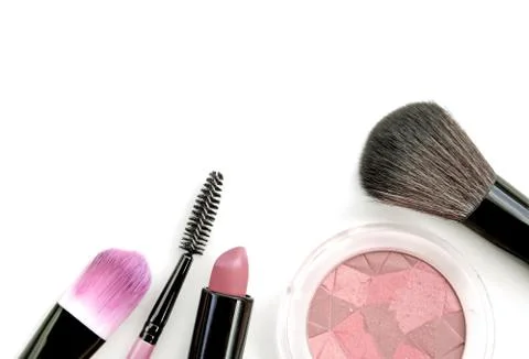 Professional makeup collection and tools isolate on white. Stock Photos