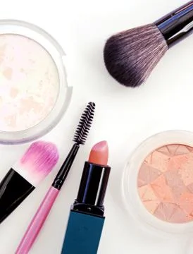 Professional makeup collection and tools isolate on white. Stock Photos