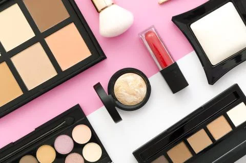 Professional makeup tools, flatlay on white pink double color background. Set of Stock Photos