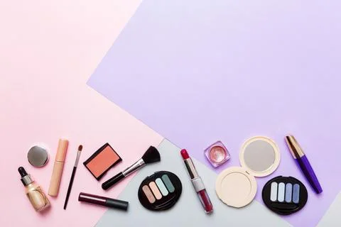Professional makeup tools. Top view. Flat lay. Beauty, decorative cosmetics.. Stock Photos