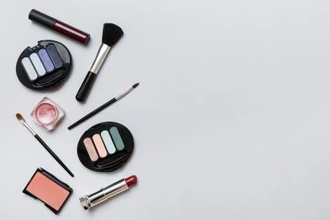 Professional makeup tools. Top view. Flat lay. Beauty, decorative cosmetics.. Stock Photos