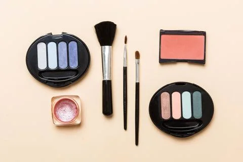 Professional makeup tools. Top view. Flat lay. Beauty, decorative cosmetics.  Stock Photos