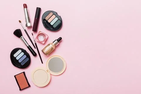 Professional makeup tools. Top view. Flat lay. Beauty, decorative cosmetics.. Stock Photos