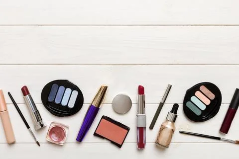 Professional makeup tools. Top view. Flat lay. Beauty, decorative cosmetics.. Stock Photos