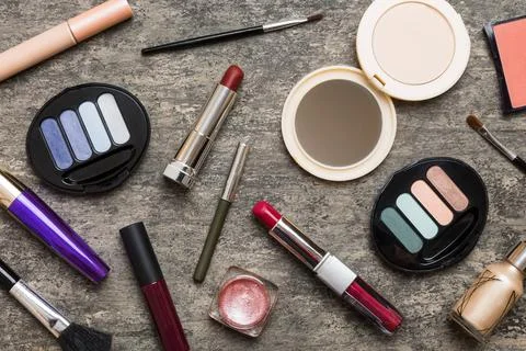 Professional makeup tools. Top view. Flat lay. Beauty, decorative cosmetics.  Stock Photos