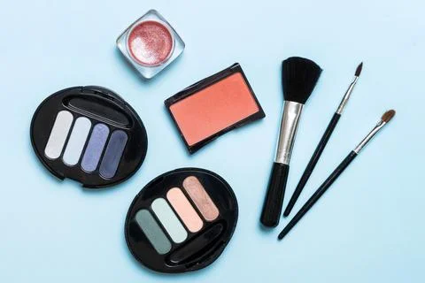 Professional makeup tools. Top view. Flat lay. Beauty, decorative cosmetics.. Stock Photos