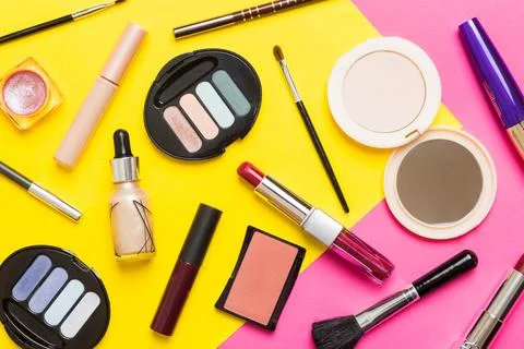 Professional makeup tools. Top view. Flat lay. Beauty, decorative cosmetics.. Stock Photos