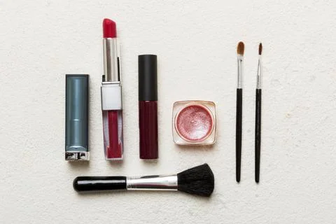 Professional makeup tools. Top view. Flat lay. Beauty, decorative cosmetics.. Stock Photos