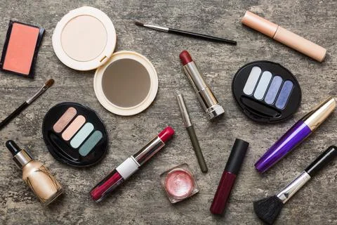 Professional makeup tools. Top view. Flat lay. Beauty, decorative cosmetics.. Stock Photos