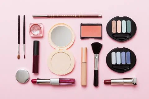 Professional makeup tools. Top view. Flat lay. Beauty, decorative cosmetics.. Stock Photos