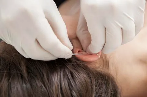Professional making rook piercing in the ear Stock Photos