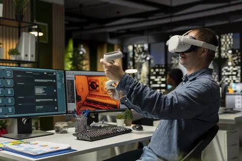 Professional male developer operating VR glasses to create spaceship station Foto stock
