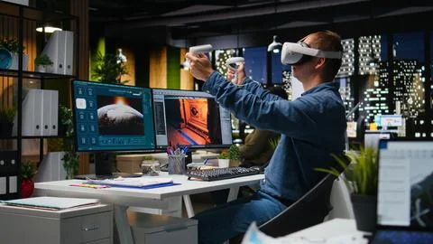 Professional male developer operating VR glasses to create spaceship station Foto stock