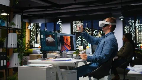 Professional male developer operating VR glasses to create spaceship station Stock Photos