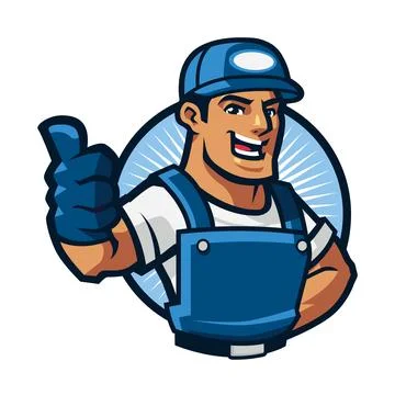 Professional Male Handyman in Blue Cap and Overalls Giving Thumbs Up 스톡 일러스트