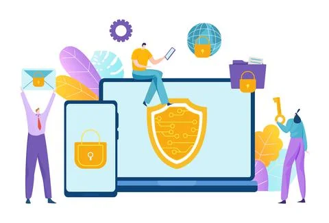 Professional male programmer tiny character cyber security, technology gadget Illustrazione stock