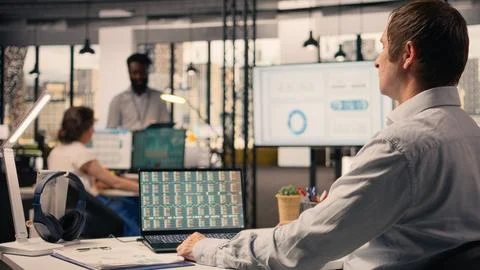 Professional man, business intel, visual data in office, analytics dashboard Stock Photos